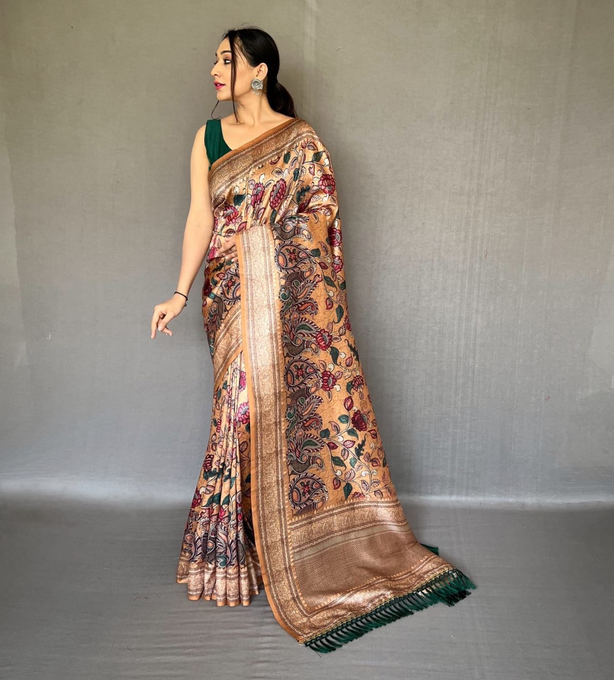 TAN BROWN COLOR SOFT SILK WITH KALAMKARI FUSION PRINT SAREE
