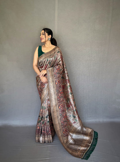 TAN BROWN COLOR SOFT SILK WITH KALAMKARI FUSION PRINT SAREE