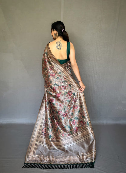 TAN BROWN COLOR SOFT SILK WITH KALAMKARI FUSION PRINT SAREE