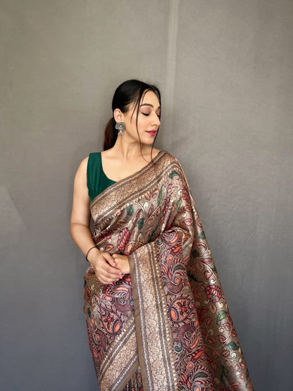 TAN BROWN COLOR SOFT SILK WITH KALAMKARI FUSION PRINT SAREE