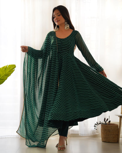 GREEN LEHRIYA ANARKALI 3PC KURTA SET
