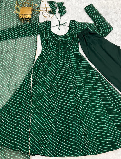GREEN LEHRIYA ANARKALI 3PC KURTA SET