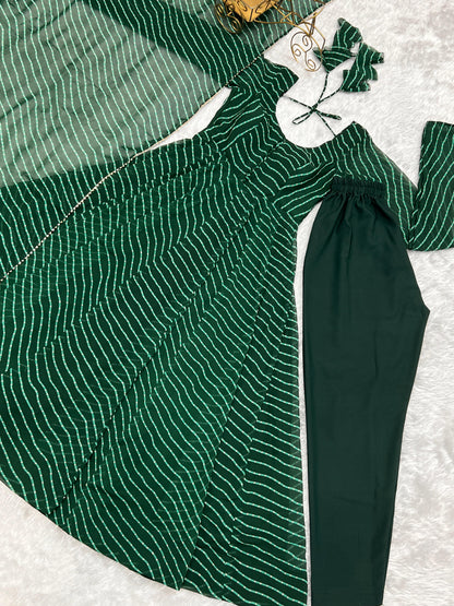 GREEN LEHRIYA ANARKALI 3PC KURTA SET