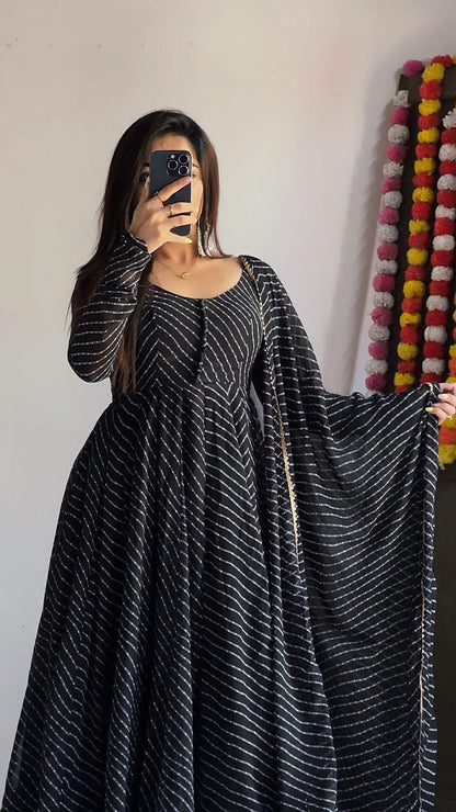 BLACK  LEHRIYA ANARKALI 3PC KURTA SET