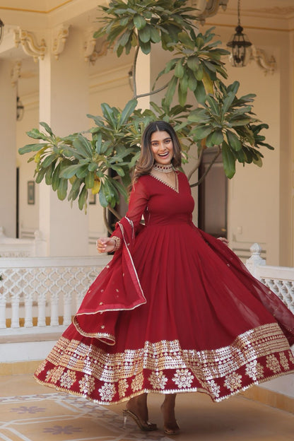 GLORIOUS CHARM WINE COLOR ATTRECTIVE SEQUINS EMBROIDERED WORK ANARKALI  GOWN WITH DUPATTA