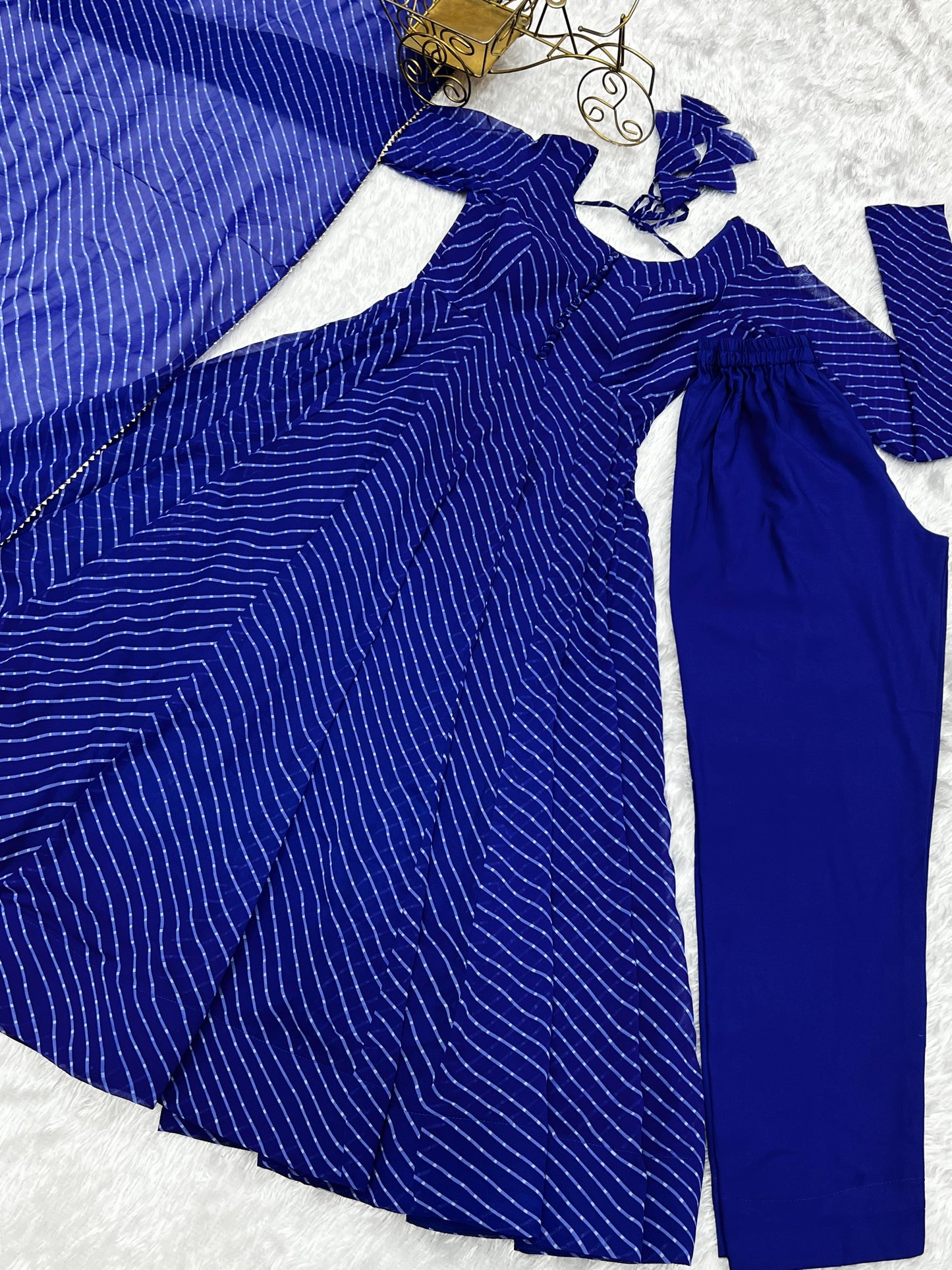 BLUE  LEHRIYA ANARKALI 3PC KURTA SET