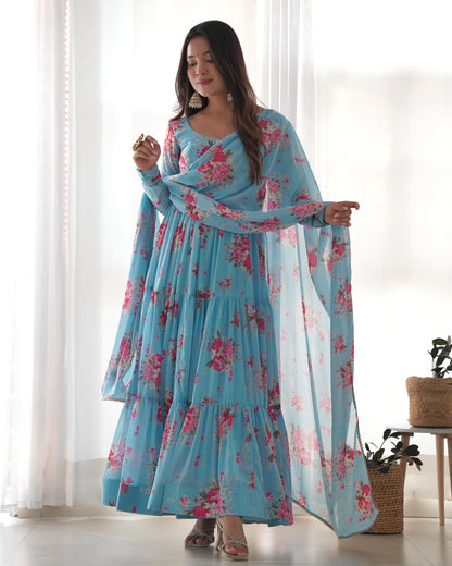 SKY BLUE COLOR GEORGETTE FLORAL PRINT ANARKALI 3PC KURTA SET