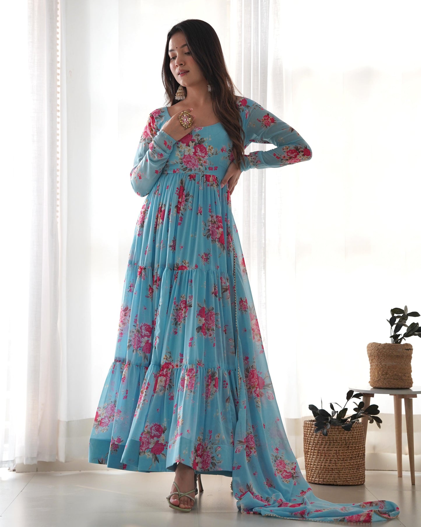 SKY BLUE COLOR GEORGETTE FLORAL PRINT ANARKALI 3PC KURTA SET