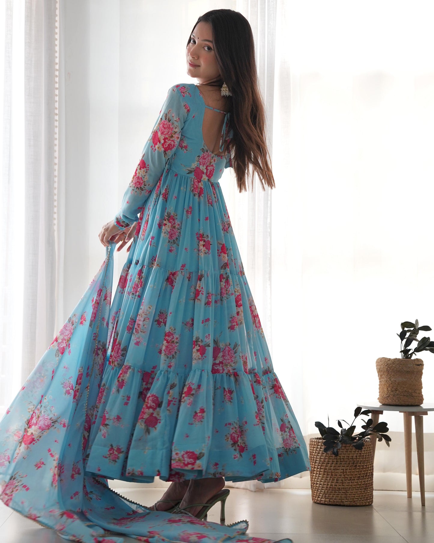 SKY BLUE COLOR GEORGETTE FLORAL PRINT ANARKALI 3PC KURTA SET