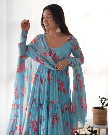 SKY BLUE COLOR GEORGETTE FLORAL PRINT ANARKALI 3PC KURTA SET