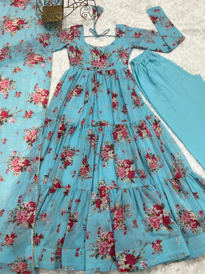 SKY BLUE COLOR GEORGETTE FLORAL PRINT ANARKALI 3PC KURTA SET