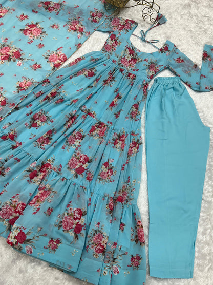 SKY BLUE COLOR GEORGETTE FLORAL PRINT ANARKALI 3PC KURTA SET