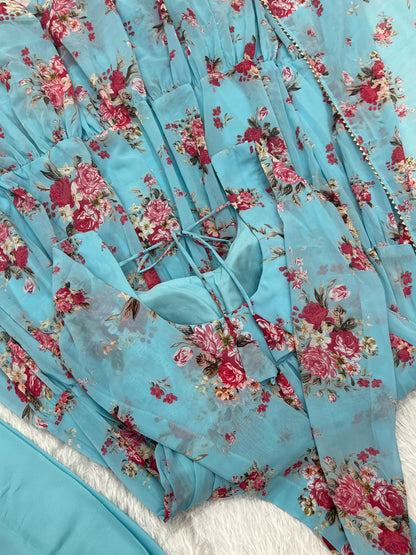 SKY BLUE COLOR GEORGETTE FLORAL PRINT ANARKALI 3PC KURTA SET