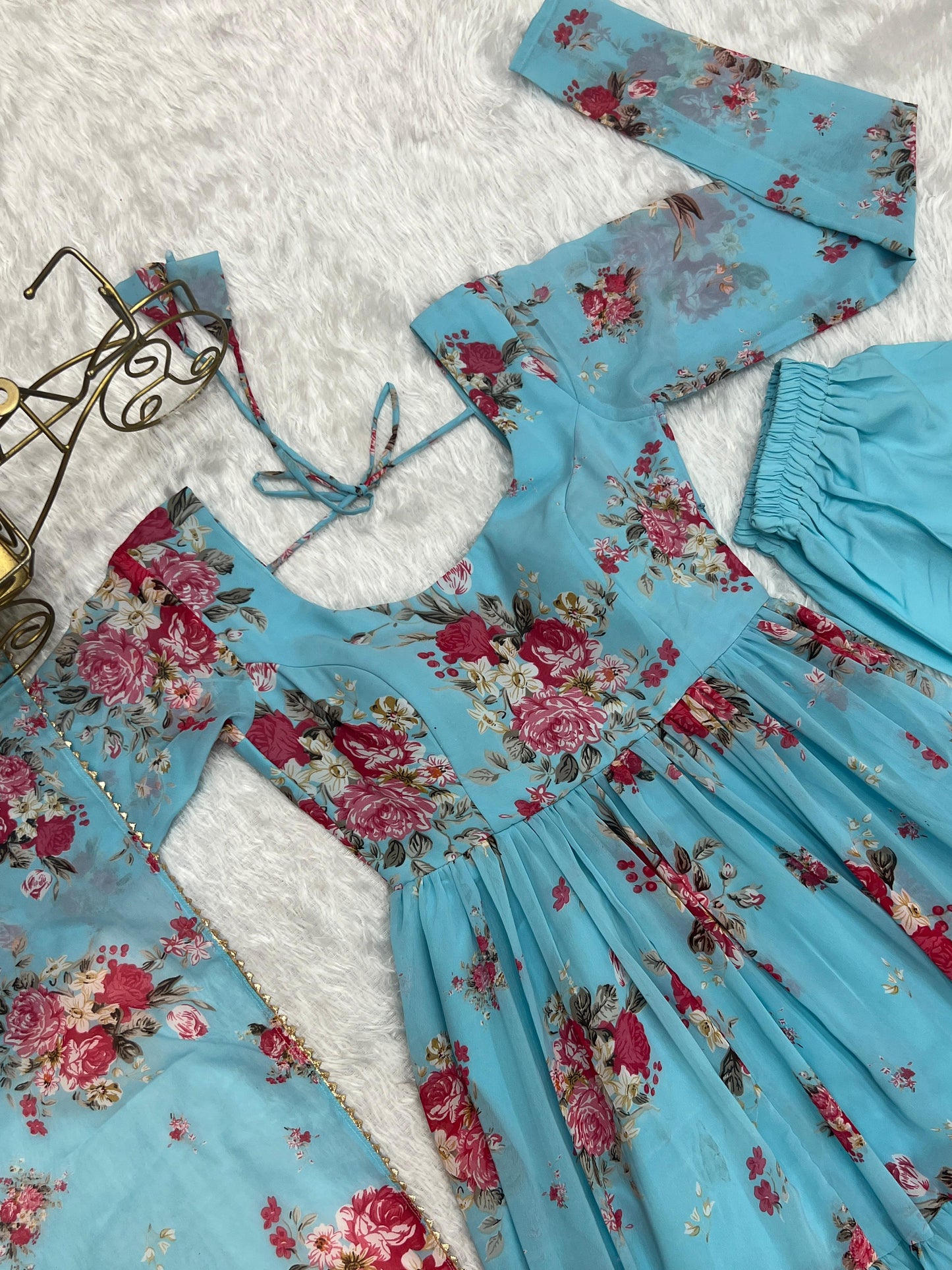 SKY BLUE COLOR GEORGETTE FLORAL PRINT ANARKALI 3PC KURTA SET