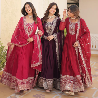ELEGANT MAROON COLOR  ANARKALI GOWN WITH FAUX BLOOMING DUPATTA