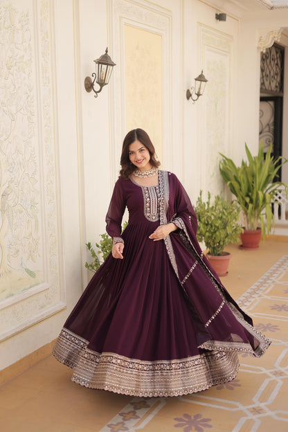 ELEGANT WINE COLOR  ANARKALI GOWN WITH FAUX BLOOMING DUPATTA