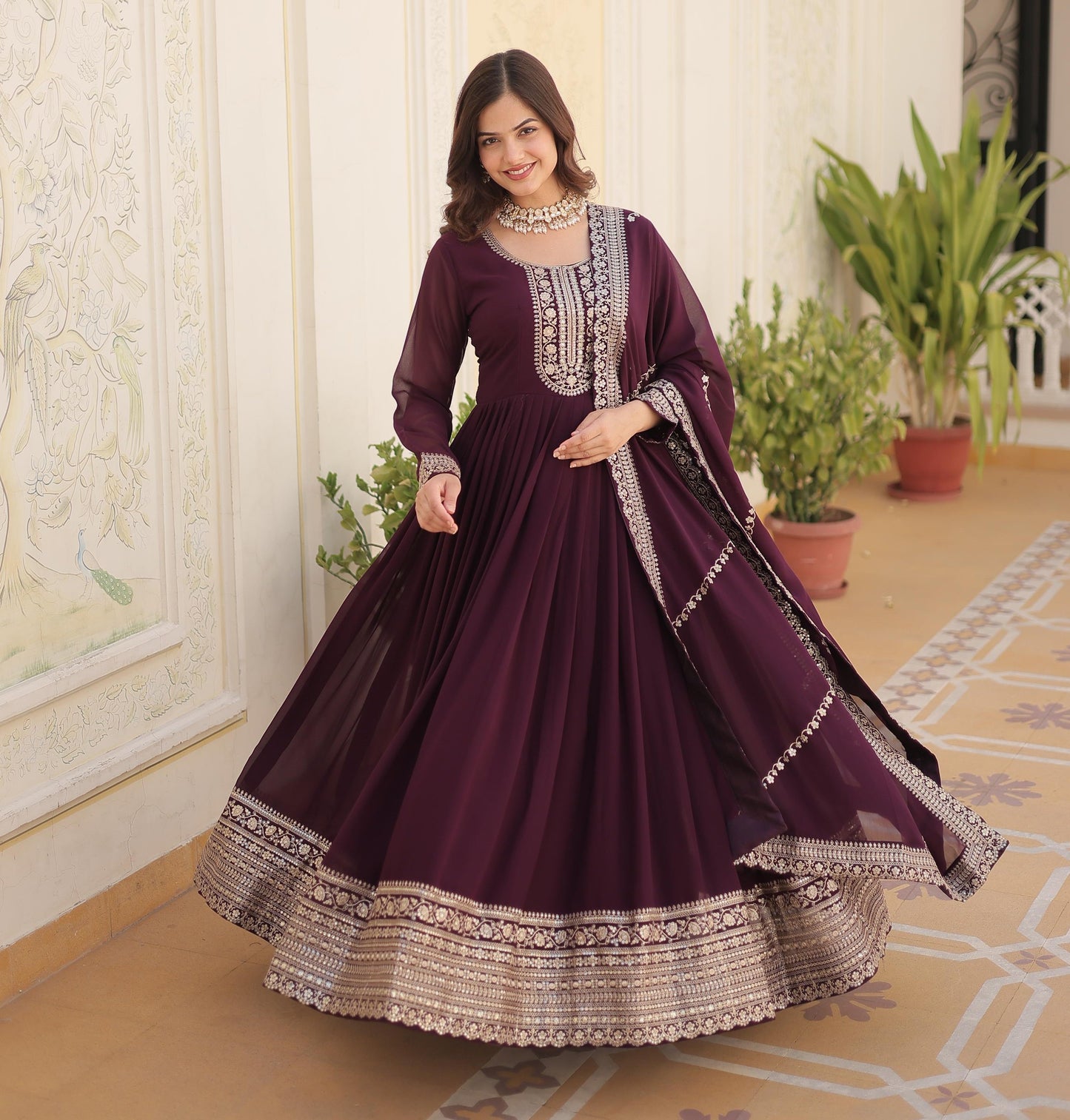 ELEGANT WINE COLOR  ANARKALI GOWN WITH FAUX BLOOMING DUPATTA