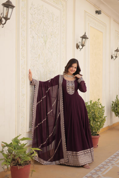 ELEGANT WINE COLOR  ANARKALI GOWN WITH FAUX BLOOMING DUPATTA