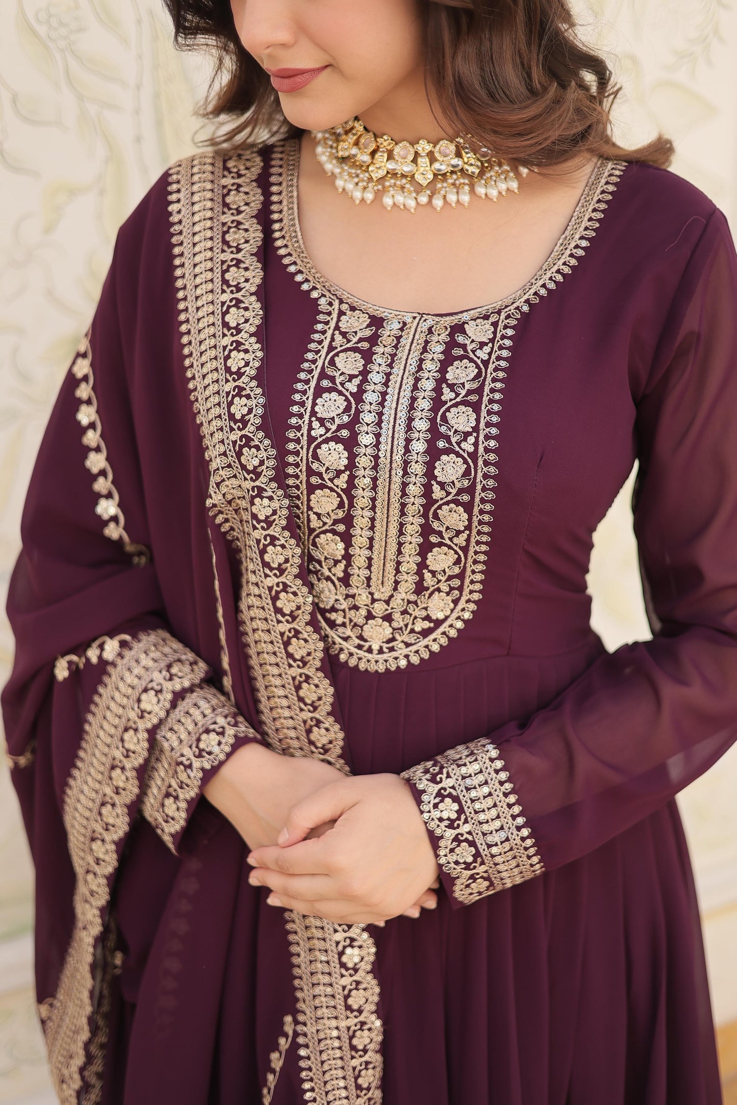 ELEGANT WINE COLOR  ANARKALI GOWN WITH FAUX BLOOMING DUPATTA