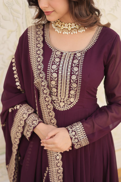 ELEGANT WINE COLOR  ANARKALI GOWN WITH FAUX BLOOMING DUPATTA