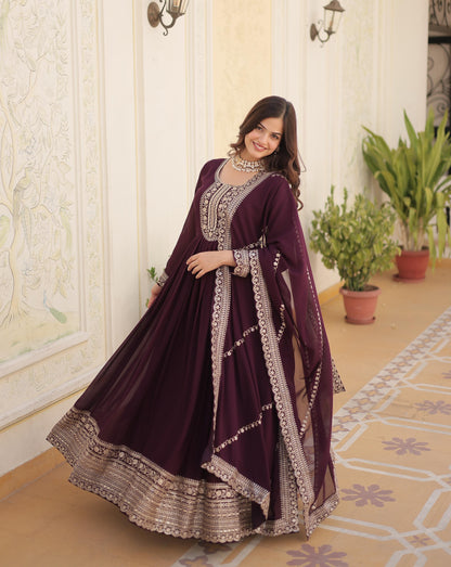 ELEGANT WINE COLOR  ANARKALI GOWN WITH FAUX BLOOMING DUPATTA
