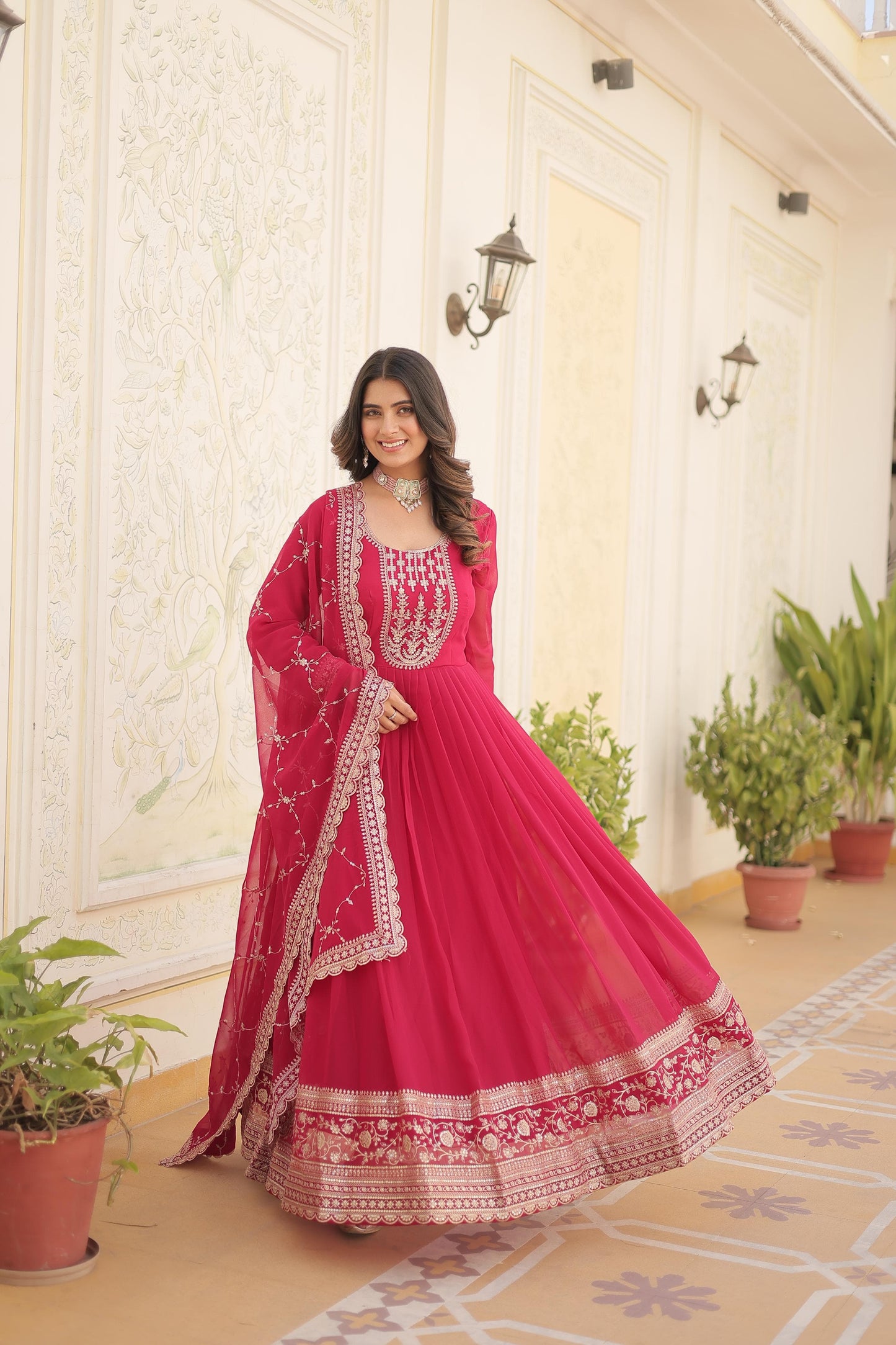 ELEGANT WINE COLOR  ANARKALI GOWN WITH FAUX BLOOMING DUPATTA