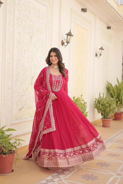 ELEGANT WINE COLOR  ANARKALI GOWN WITH FAUX BLOOMING DUPATTA