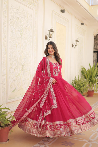 ELEGANT WINE COLOR  ANARKALI GOWN WITH FAUX BLOOMING DUPATTA