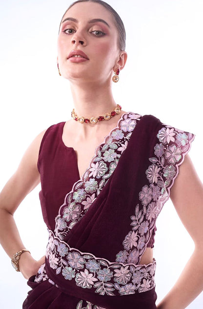 WINE COLOR SOFT GEORGETTE THREADS EMBROIDERY WORK  SAREE