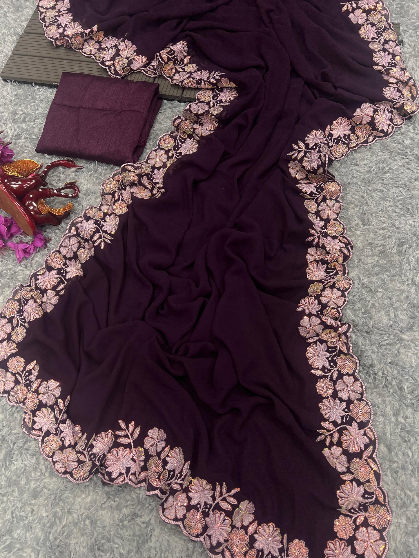 WINE COLOR SOFT GEORGETTE THREADS EMBROIDERY WORK  SAREE