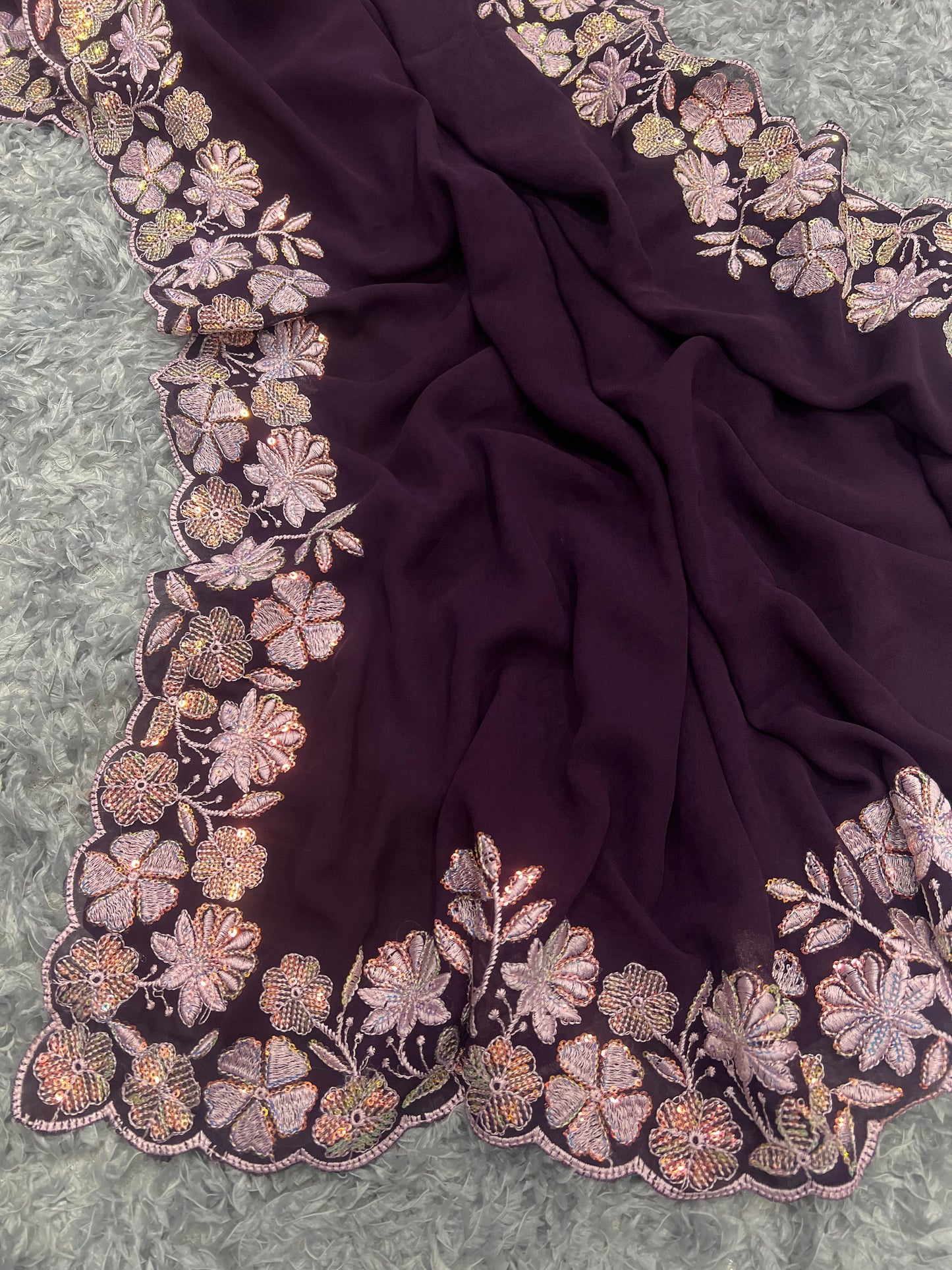 WINE COLOR SOFT GEORGETTE THREADS EMBROIDERY WORK  SAREE