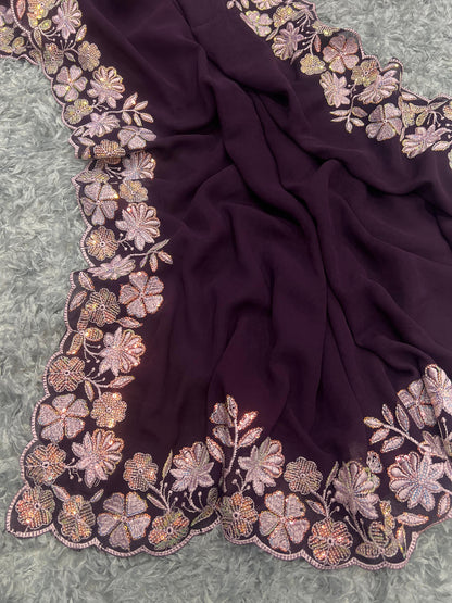 WINE COLOR SOFT GEORGETTE THREADS EMBROIDERY WORK  SAREE