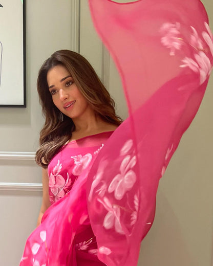 HOT PINK COLOR HANDPRINT BRUSH FLOWER DESIGNER SAREE