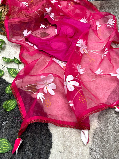 HOT PINK COLOR HANDPRINT BRUSH FLOWER DESIGNER SAREE