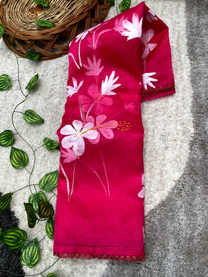 HOT PINK COLOR HANDPRINT BRUSH FLOWER DESIGNER SAREE