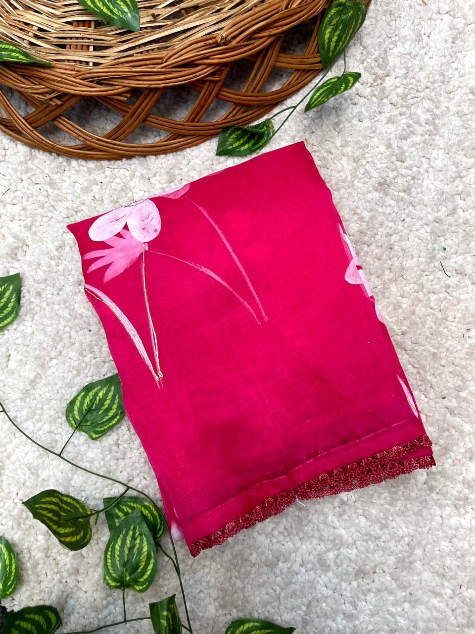 HOT PINK COLOR HANDPRINT BRUSH FLOWER DESIGNER SAREE