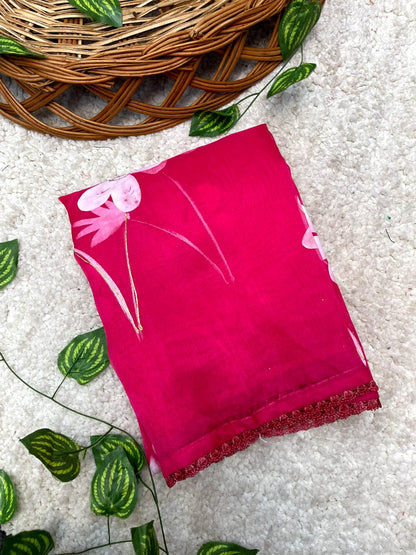 HOT PINK COLOR HANDPRINT BRUSH FLOWER DESIGNER SAREE