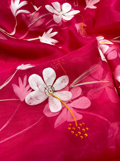 HOT PINK COLOR HANDPRINT BRUSH FLOWER DESIGNER SAREE