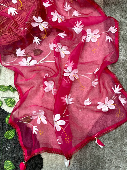HOT PINK COLOR HANDPRINT BRUSH FLOWER DESIGNER SAREE