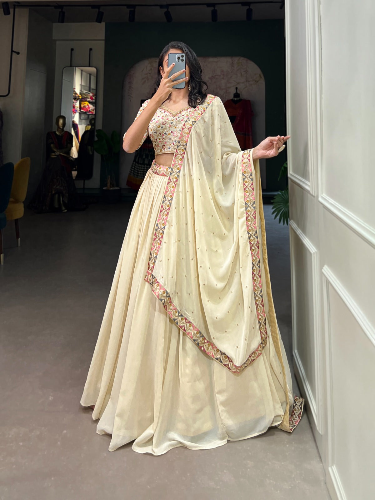 OFF WHITE VICHITRA SILK LEHENGA