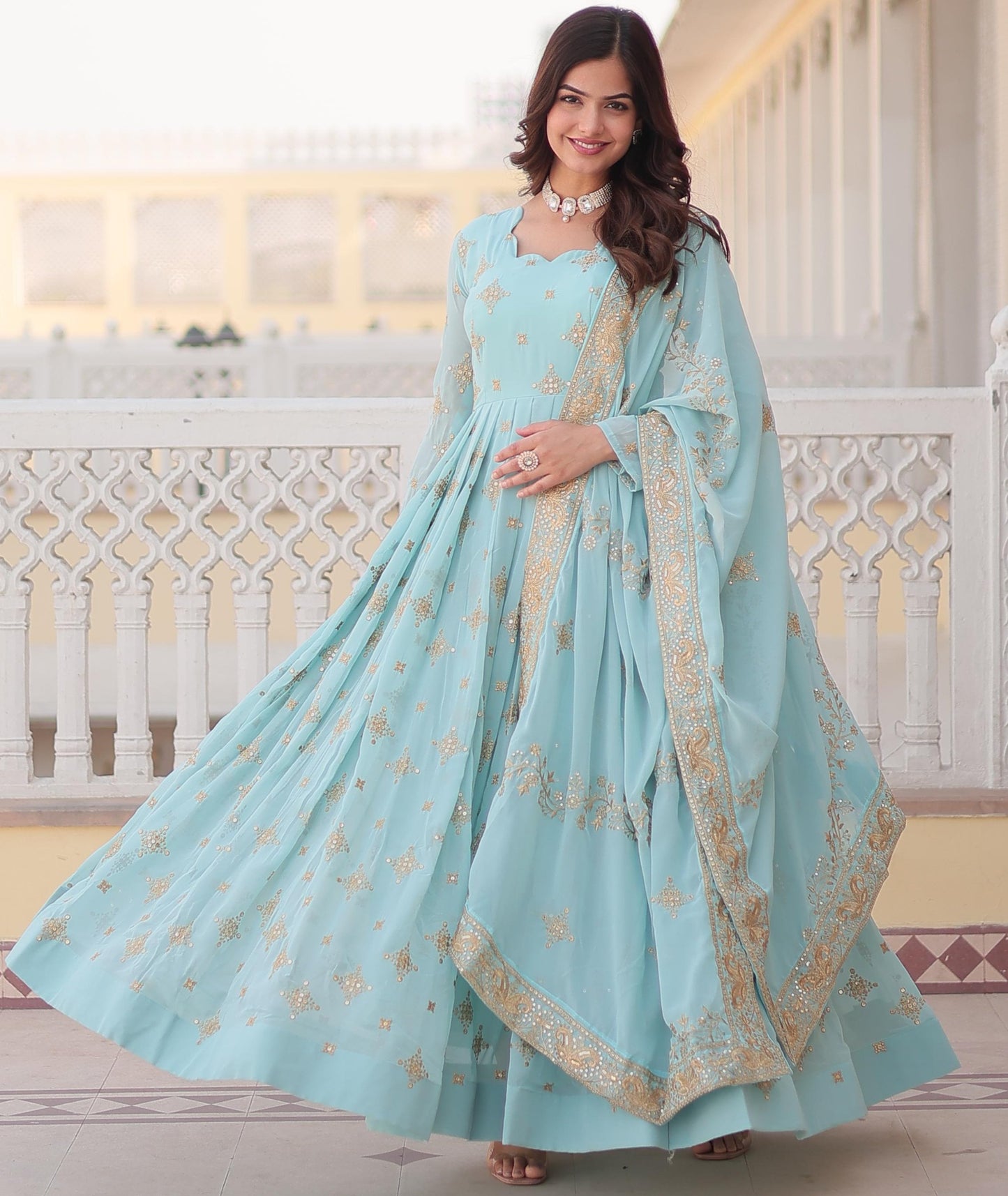 DESIGNER SKY  COLOR ZARI & SEQUINS EMBROIDERY ANARKALI GOWN WITH LACE BORDER DUPATTA
