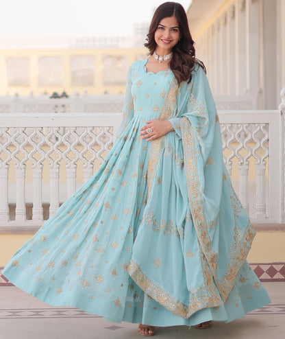 DESIGNER SKY  COLOR ZARI & SEQUINS EMBROIDERY ANARKALI GOWN WITH LACE BORDER DUPATTA