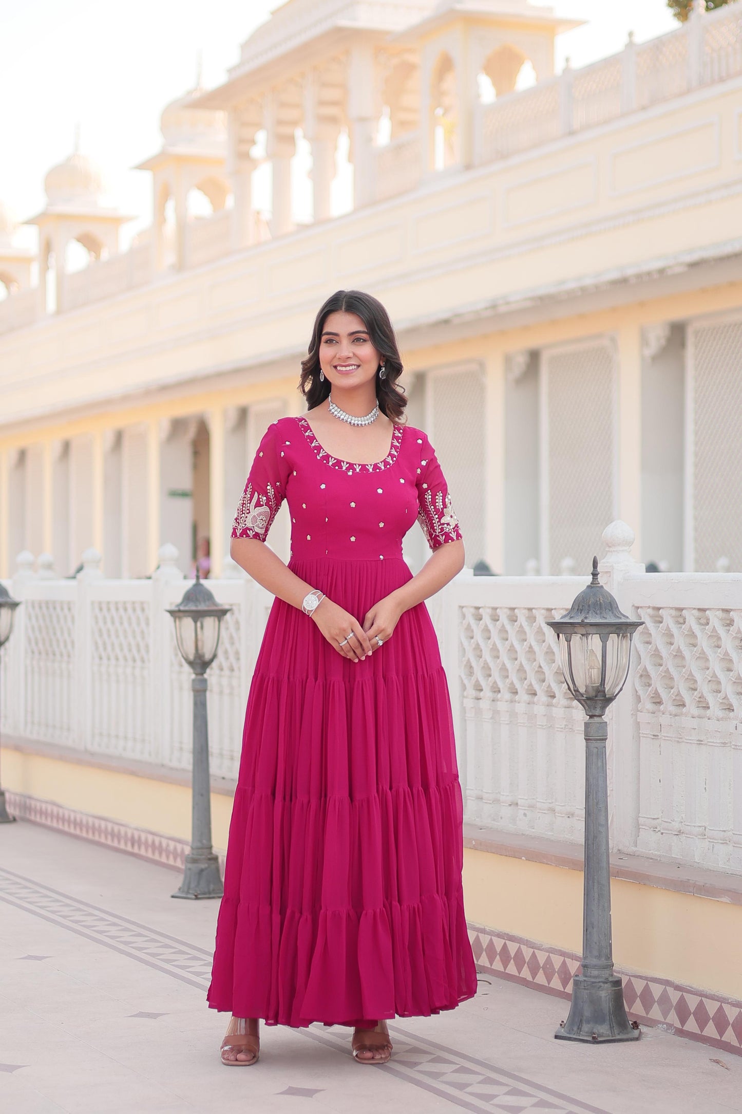 DEEP PINK ZARI -THREAD SEQUINS WORK  ANARKALI GOWN