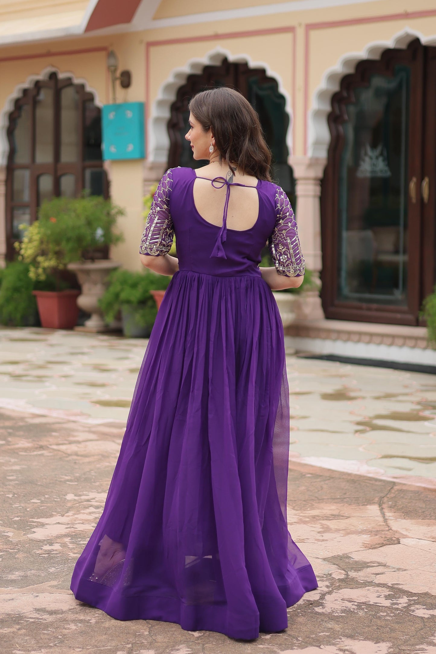 PURPLE COLOR FUX GEORGETTEB ZARI SHINE ANARKALI GOWN