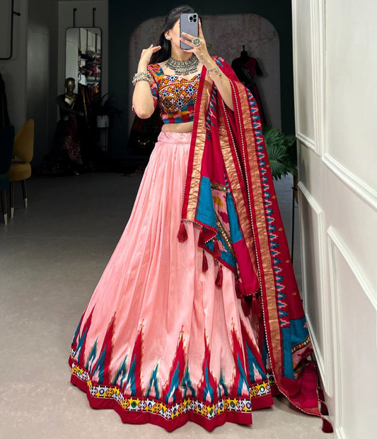 PITCH COLOR PRINT WITH FOIL WORK NAVARATRI LEHENGA