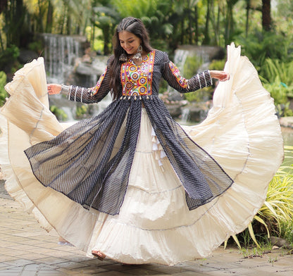 BLACK KORA COTTON NAVRATRI LEHENGA KURTI