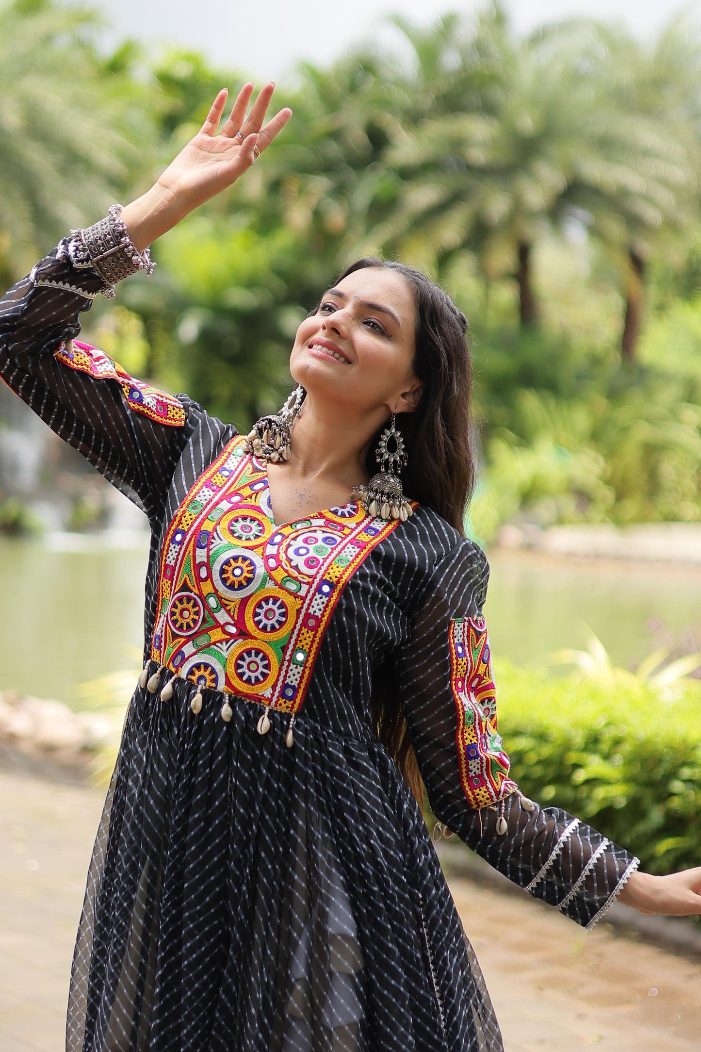 BLACK KORA COTTON NAVRATRI LEHENGA KURTI