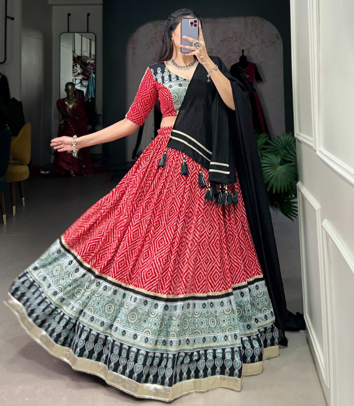 RED  BANDHNI PRINT LEHENGA