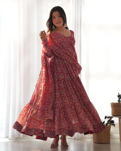 PAISLEY KALAMKARI PRINT MARRON ANARKALI 3PC KURTA SET