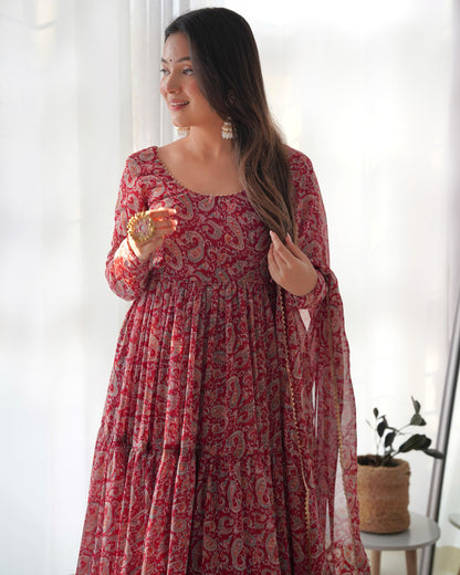PAISLEY KALAMKARI PRINT MARRON ANARKALI 3PC KURTA SET